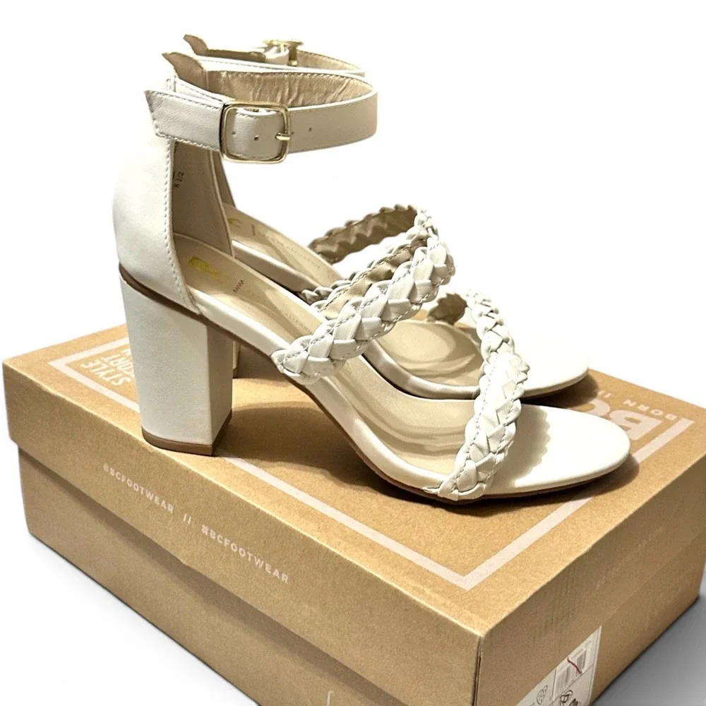 BC Footwear Wanna Be Off White Vegan Leather Braided Block Heel Sandals 8.5 - Picture 2 of 7